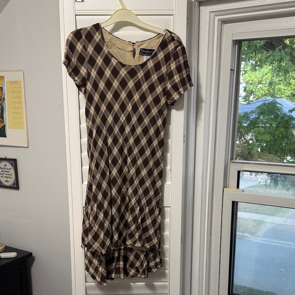 High Low Plaid Dress in Brown and Cream